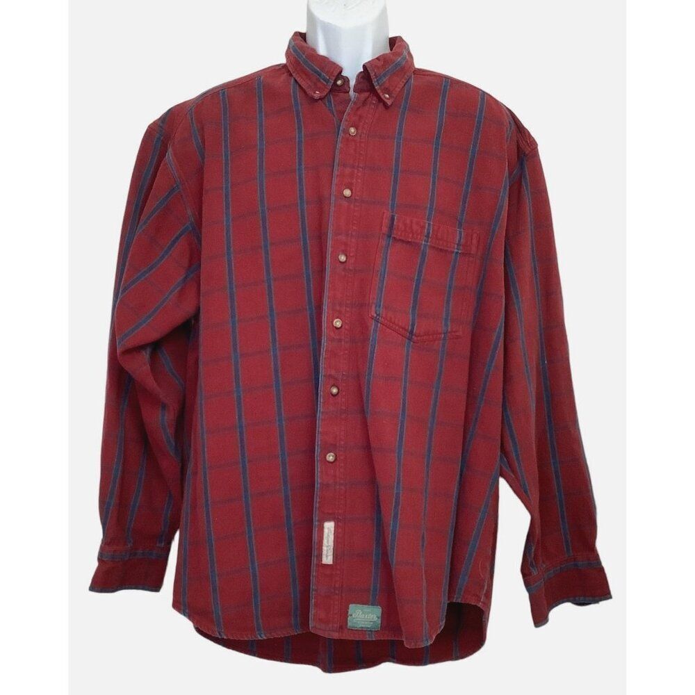 Vintage 90s BAXTER BRAND Indigo Denim Button Down Shirt XL Windowpane Plaid LS